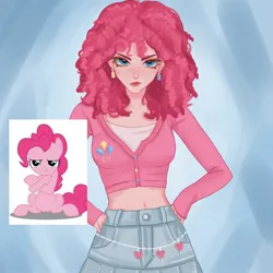 Size: 1440x1440 | Tagged: safe, artist:liahsaflor, derpibooru import, pinkie pie, earth pony, human, pony, alternate hairstyle, belly button, clothes, ear piercing, earring, female, humanized, image, jewelry, jpeg, mare, midriff, piercing, pinkie pie is not amused, sassy, shirt, skirt, solo, unamused