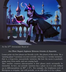 Size: 2432x2672 | Tagged: safe, ai content, derpibooru import, machine learning generated, prompter:kopaleo, stable diffusion, twilight sparkle, astronomy, balcony, book, canterlot, clothes, crescent moon, dress, generator:pony diffusion v6 xl, goth, image, magic, magic aura, math, math joke, moon, night, night sky, png, prompt in description, sky, telekinesis