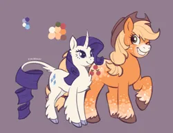 Size: 2048x1572 | Tagged: safe, artist:churrokat, derpibooru import, applejack, rarity, classical unicorn, earth pony, pony, unicorn, alternate design, alternate tailstyle, applejack's hat, applejacked, blonde mane, blonde tail, blue eyes, body freckles, chest fluff, cloven hooves, coat markings, color palette, colored hooves, colored muzzle, cowboy hat, curly mane, curly tail, curved horn, duo, duo female, ear fluff, eyelashes, facial markings, female, freckles, g4, green eyes, hat, height difference, horn, image, leg fluff, leg freckles, leonine tail, looking back, mare, mealy mouth (coat marking), muscles, one eye closed, orange coat, physique difference, png, ponytail, purple background, purple mane, purple tail, raised hoof, redesign, ringlets, signature, simple background, smiling, socks (coat marking), standing, tail, tail fluff, thin legs, tied mane, tied tail, unshorn fetlocks, white coat, wingding eyes, wink