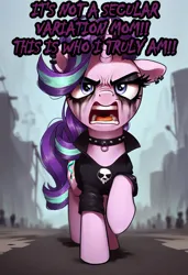 Size: 832x1216 | Tagged: safe, ai content, derpibooru import, machine learning generated, stable diffusion, starlight glimmer, angry, choker, cutie mark, emo, generator:pony diffusion v6 xl, image, looking at you, makeup, open mouth, png, running makeup
