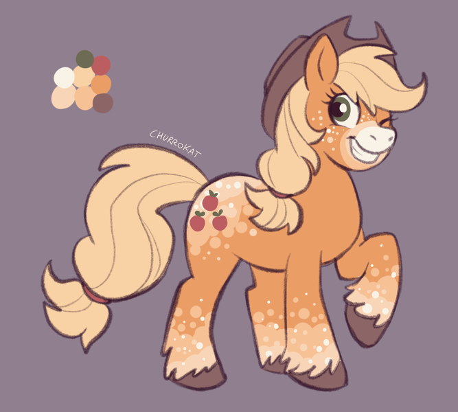 Size: 1823x1640 | Tagged: safe, artist:churrokat, derpibooru import, applejack, earth pony, pony, alternate design, applejack's hat, applejacked, blonde mane, blonde tail, body freckles, coat markings, color palette, colored hooves, colored muzzle, cowboy hat, eyelashes, facial markings, female, freckles, g4, green eyes, hat, image, leg freckles, looking back, mare, mealy mouth (coat marking), muscles, one eye closed, orange coat, png, ponytail, purple background, raised hoof, redesign, signature, simple background, smiling, socks (coat marking), solo, standing, tail, tied mane, tied tail, unshorn fetlocks, wink