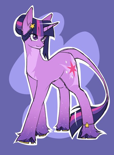 Size: 1282x1751 | Tagged: safe, artist:1313artemis13, derpibooru import, twilight sparkle, classical unicorn, pony, unicorn, alternate cutie mark, alternate design, alternate hairstyle, blue background, bun hairstyle, cloven hooves, ear piercing, earring, flowing tail, g4, horn, image, jewelry, jpeg, leg fluff, leonine tail, looking at someone, piercing, purple eyes, simple background, sparkles, tail, twitterina design, two toned mane, two toned tail, unicorn twilight, unshorn fetlocks
