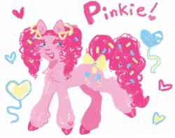 Size: 903x711 | Tagged: safe, artist:junniepiepoopop, derpibooru import, pinkie pie, earth pony, pony, alternate hairstyle, balloon, blue eyes, blushing, bow, colored eyelashes, colored hooves, female, floating heart, g4, hair bow, heart, heart mark, image, jpeg, lineless, looking back, mare, open mouth, open smile, pigtails, pink coat, pink mane, pink tail, pink text, raised leg, shiny hooves, simple background, smiling, solo, standing, tail, tail bow, text, tied mane, twintails, unshorn fetlocks, white background