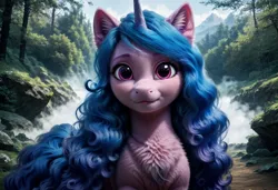 Size: 1216x832 | Tagged: safe, ai content, derpibooru import, machine learning generated, prompter:kluknawa235, stable diffusion, izzy moonbow, unicorn, g5, chest fluff, ear fluff, fog, forest, generator:pony diffusion v6 xl, generator:purplesmart.ai, horn, image, jpeg, looking at you, nature, smiling, tree