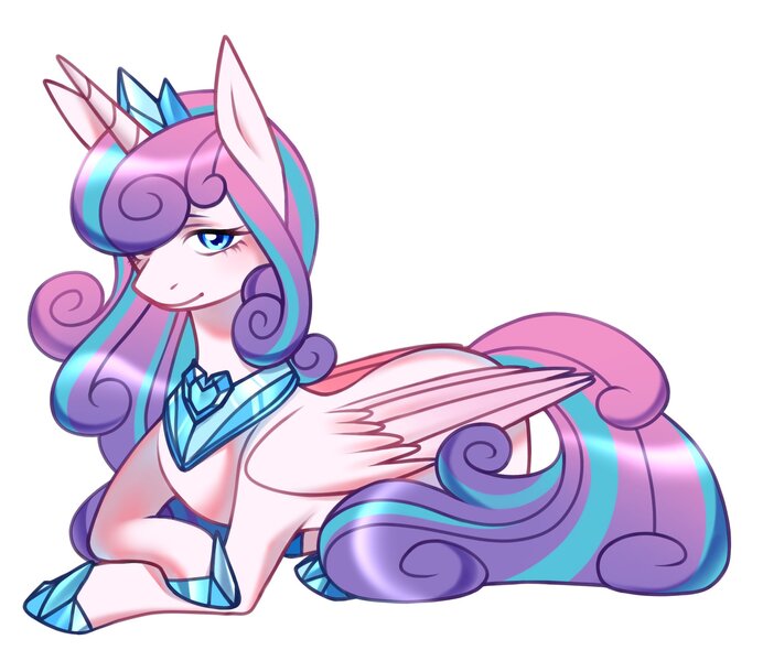 Size: 2040x1769 | Tagged: safe, artist:1313artemis13, derpibooru import, princess flurry heart, alicorn, crystal pony, pony, armor, crossed hooves, crown, curly mane, curly tail, eyelashes, flowing mane, flowing tail, g4, image, jewelry, jpeg, looking at you, lying down, necklace, older, older flurry heart, regalia, smiling, smiling at you, tail, two toned mane, two toned tail