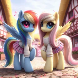 Size: 1024x1024 | Tagged: safe, ai content, machine learning generated, ponerpics import, ponybooru import, fluttershy, rainbow dash, pegasus, pony, bing, clothed ponies, clothes, duo, female, image, jpeg, looking at you, mare, matching outfits, ponyville, skirt, spread wings, sweater, wings