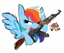 Size: 1313x1105 | Tagged: safe, artist:appledash3r_, derpibooru import, rainbow dash, scootaloo, pegasus, pony, ak-47, assault rifle, blunt, colored sketch, drug use, drugs, duo, eyelashes, female, g4, gun, high, hoof hold, image, jpeg, looking back, mare, narrowed eyes, no catchlights, open mouth, open smile, rifle, simple background, sketch, smiling, smoke, smoking, solo focus, spread wings, weapon, white background, wings