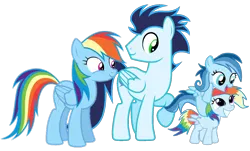 Size: 3466x2088 | Tagged: safe, derpibooru import, rainbow dash, soarin', oc, oc:ragtag, oc:shooting star, pegasus, pony, female, filly, foal, image, male, mare, offspring, parent:rainbow dash, parent:soarin', parents:soarindash, png, shipping, siblings, simple background, soarindash, stallion, straight, transparent background, twins