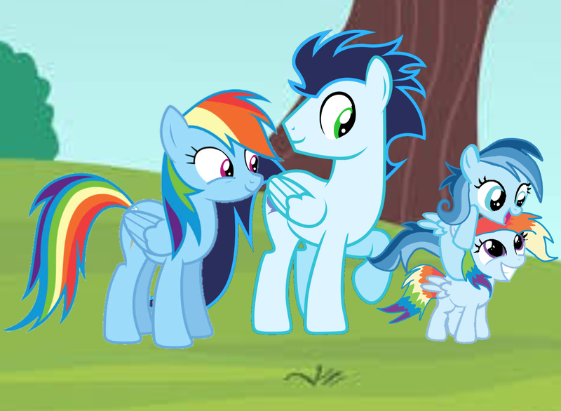 Size: 3466x2541 | Tagged: safe, derpibooru import, rainbow dash, soarin', oc, oc:ragtag, oc:shooting star, pegasus, pony, female, filly, foal, image, male, mare, offspring, parent:rainbow dash, parent:soarin', parents:soarindash, png, shipping, siblings, soarindash, stallion, straight, twins