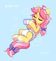 Size: 2344x2560 | Tagged: safe, artist:bloodymrr, derpibooru import, kettle corn, oc, unofficial characters only, pony, unicorn, abdl, blue background, bottle, bottle feeding, bow, cloud, commission, diaper, drawing, drink, drinking, eyes closed, hair bow, horn, image, lying down, milk, pacifier, pink hair, png, simple background, solo, yellow skin