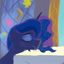 Size: 1550x1550 | Tagged: safe, artist:kujivunia, derpibooru import, princess luna, alicorn, pony, canterlot castle, dining room, drool, drool string, eyes closed, female, floppy ears, g4, horn, image, jpeg, mare, simple shading, sketch, sleeping, solo, stained glass, sunlight, table, window