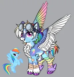 Size: 1280x1332 | Tagged: safe, artist:malinraf1615, derpibooru import, rainbow dash, pony, alternate design, colored wings, goggles, gray background, image, multicolored wings, png, simple background, solo, twitterina design, wings
