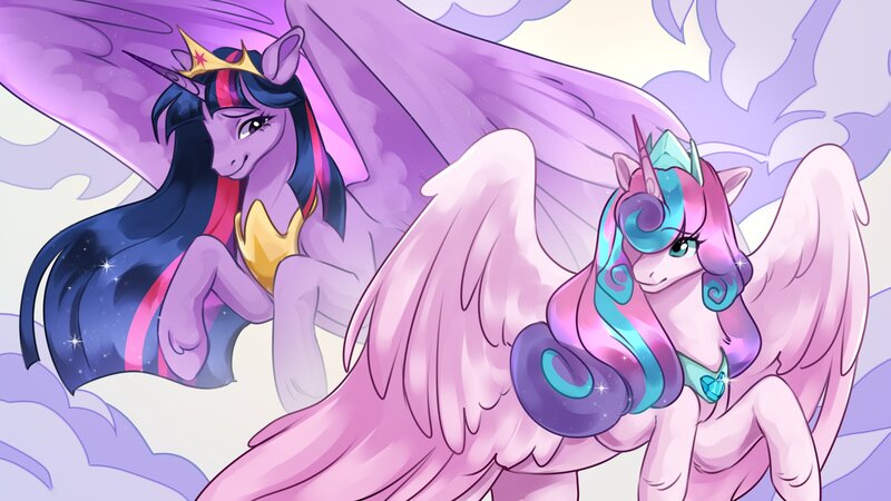 Size: 2560x1440 | Tagged: safe, artist:rowankitten, artist:sairona546986, derpibooru import, princess flurry heart, twilight sparkle, twilight sparkle (alicorn), alicorn, crystal pony, pony, armor, cloud, cloudy, crown, curly mane, cyan eyes, duo, female, flowing mane, flying, future twilight, g4, image, jewelry, jpeg, looking at each other, looking at someone, mare, necklace, older, older flurry heart, older twilight, pink coat, purple coat, purple eyes, regalia, smiling, smiling at each other, spread wings, tail, two toned mane, two toned tail, unshorn fetlocks, wings