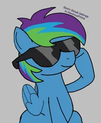 Size: 3834x4620 | Tagged: safe, derpibooru import, oc, oc:storm streak, pegasus, pony, flurry heart's story, 20% cooler, fanfic art, female, filly, foal, gray background, image, male, offspring, parent:rainbow dash, png, simple background, solo, solo male, sunglasses