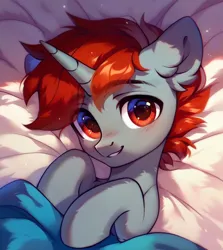 Size: 800x896 | Tagged: safe, derpibooru import, oc, oc:kardy wing, unofficial characters only, pony, unicorn, bed, blanket, cute, gray fur, horn, image, looking at you, lying down, male, png, red eyes, red hair, solo, stallion