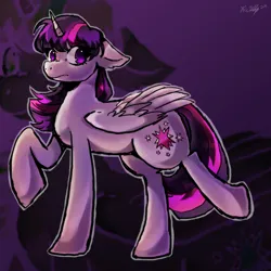 Size: 2000x2000 | Tagged: safe, artist:matilly, derpibooru import, twilight sparkle, twilight sparkle (alicorn), alicorn, pony, digital art, floppy ears, folded wings, halftone, highlight sparkle, highlights, horn, image, looking back, png, purple background, purple coat, purple eyes, screentone, simple background, solo, strut, strutting, tail, two toned mane, two toned tail, wings