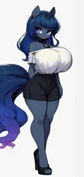Size: 488x1024 | Tagged: suggestive, ai content, derpibooru import, machine learning generated, princess luna, alicorn, anthro, adorasexy, bare shoulders, big breasts, breasts, busty princess luna, clothes, collar, cute, female, g4, high heels, huge breasts, image, implied transformation, implied transgender transformation, jewelry, male to female, necklace, png, prompter:horselover fat, rule 63, sexy, shoes, short, shorts, shortstack, shoulderless, simple background, smiling, solo, standing, story included, white background, wingless, wingless alicorn, wingless anthro