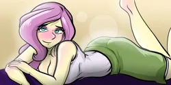 Size: 3000x1500 | Tagged: suggestive, artist:nolyanimeid, derpibooru import, fluttershy, human, equestria girls, 2d, adorasexy, ankles, bedroom eyes, blushing, breasts, cleavage, clothes, cute, eyeshadow, female, g4, image, jpeg, looking at you, lying down, makeup, sexy, shirt, skirt, sleeveless, solo, stupid sexy fluttershy