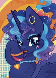Size: 1795x2528 | Tagged: safe, artist:lenori, derpibooru import, princess luna, alicorn, pony, between dark and dawn, bracelet, colorful, digital art, ear piercing, earring, halftone, image, jewelry, necklace, outfit, piercing, png, solo