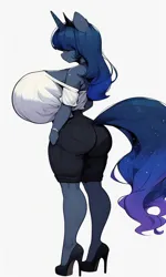 Size: 614x1024 | Tagged: suggestive, ai content, derpibooru import, machine learning generated, princess luna, alicorn, anthro, adorasexy, bare shoulders, big breasts, breasts, busty princess luna, clothes, curvy, cute, female, frown, g4, hair covering face, hand in pocket, high heels, hourglass figure, huge breasts, image, implied breast expansion, implied transformation, implied transgender transformation, impossibly large breasts, large butt, looking down, male to female, png, prompter:horselover fat, rule 63, sexy, shoes, shorts, shoulderless, simple background, solo, standing, story included, white background, wide hips, wingless, wingless alicorn, wingless anthro