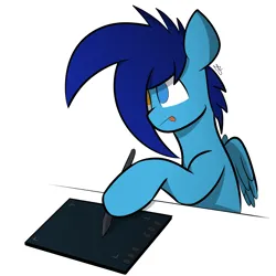 Size: 2384x2384 | Tagged: safe, artist:japkozjad, derpibooru import, oc, oc:apply, unofficial characters only, pegasus, pony, drawing tablet, heterochromia, holding, image, looking at something, pegasus oc, png, simple background, solo, stylus, tongue out, white background, wings