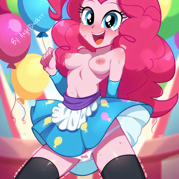 Size: 1649x1649 | Tagged: questionable, ai content, derpibooru import, machine learning generated, prompter:angeldusk17, pinkie pie, equestria girls, balloon, breasts, clothes, female, g4, image, nipples, nudity, open mouth, open smile, panties, panties pulled down, partial nudity, party, png, skirt, smiling, socks, solo, solo female, sweat, thigh highs, topless, underwear