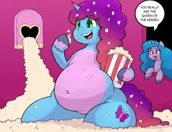 Size: 1018x785 | Tagged: safe, artist:ahobobo, derpibooru import, izzy moonbow, pony, unicorn, g5, belly button, fat, food, horn, image, jpeg, misty brightdawn, misty butterball, open mouth, open smile, popcorn, rebirth misty, smiling, speech bubble, that pony sure does love popcorn