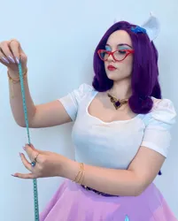 Size: 1080x1346 | Tagged: safe, derpibooru import, rarity, human, clothes, cosplay, costume, eyeshadow, female, glasses, image, irl, irl human, jpeg, kumoricon, makeup, measuring tape, photo, solo, solo female