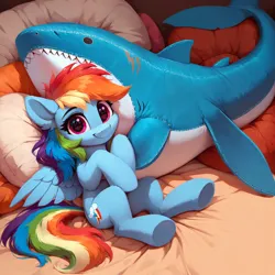 Size: 1200x1200 | Tagged: safe, ai content, derpibooru import, machine learning generated, prompter:nonezid, stable diffusion, rainbow dash, pegasus, pony, shark, g4, generator:pony diffusion v6 xl, image, looking at you, plushie, png, shark plushie, smiling, underhoof