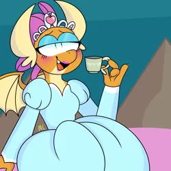 Size: 2100x2100 | Tagged: safe, artist:sparjechkaa, derpibooru import, smolder, dragon, clothes, cup, dragoness, dress, female, gown, image, jewelry, open mouth, open smile, png, princess smolder, redraw, smiling, teacup, tiara