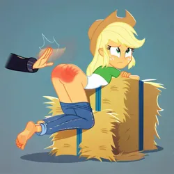 Size: 1024x1024 | Tagged: prompter needed, source needed, suggestive, ai content, derpibooru import, machine learning assisted, machine learning generated, applejack, human, equestria girls, applebutt, background human, barefoot, butt, clothes, crying, feet, g4, hand, image, jpeg, offscreen character, pants, pants down, reddened butt, spank mark, spanked, spanking