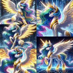 Size: 2880x2880 | Tagged: safe, ai content, derpibooru import, machine learning generated, princess celestia, alicorn, cyborg, pony, bust, close-up, collage, crown, cyberspace, digital art, ethereal hair, ethereal mane, ethereal tail, female, futuristic, glow, glowing horn, glowing wings, horn, image, jewelry, jpeg, looking at you, multicolored hair, portrait, prompt in description, regalia, solo, solo female, tail, wings