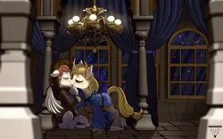 Size: 2500x1563 | Tagged: safe, artist:allocen, derpibooru import, oc, oc:fluffy pillow, oc:regal inkwell, unofficial characters only, classical unicorn, pegasus, unicorn, blushing, castle, chandelier, clothes, cloven hooves, doublet, duo, gay, hat, horn, image, jpeg, kissing, leonine tail, male, master and servant, medieval, nobility, unshorn fetlocks