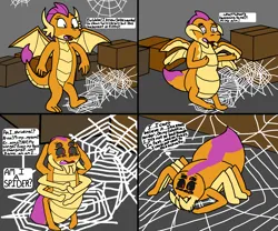 Size: 3000x2500 | Tagged: safe, artist:slywolf136, derpibooru import, smolder, dragon, spider, 4 panel comic, basement, black sclera, box, comic, commission, dialogue, dragoness, extra eyes, extra legs, female, fluffy, high res, image, open mouth, panicking, png, red eyes, shocked, shrinking, solo, speech bubble, spider web, story included, thought bubble, transformation, transformation sequence
