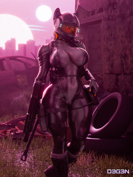Size: 2880x3840 | Tagged: suggestive, artist:degen3d, derpibooru import, oc, oc:gilded ashe, anthro, earth pony, belly button, belly piercing, big breasts, breasts, gun, image, military, piercing, png, skimpy outfit, solo, spacesuit, weapon