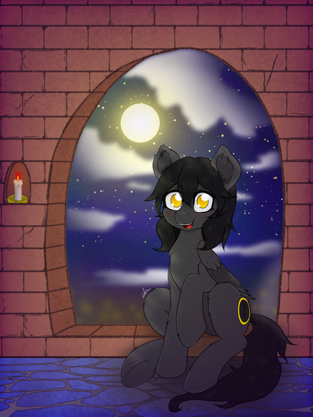 Size: 2304x3072 | Tagged: safe, artist:wojtek-ツ, derpibooru import, oc, oc:eclipse, pegasus, pony, blushing, candle, castle, cloud, cute, derpibooru exclusive, digital art, female, fluffy, folded wings, glasses, image, looking at you, mare, moon, moonlight, open mouth, png, raised hoof, signature, sitting, solo, starry night, stars, tail, window, wings