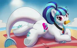 Size: 4096x2584 | Tagged: safe, artist:pabbley, derpibooru import, sonata dusk, ponified, hybrid, pony, siren, beach, beach blanket, butt, equestria girls ponified, female, food, frog (hoof), high res, image, jpeg, looking back, lying down, mare, mouth hold, ocean, prone, solo, sonata donk, sonataco, sploot, taco, underhoof, water