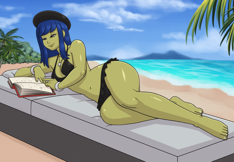Size: 3068x2124 | Tagged: safe, artist:rapps, derpibooru import, oc, oc:olivia, unofficial characters only, beach, bikini, book, clothes, female, hat, image, jewelry, palm tree, png, reading, solo, solo female, swimsuit, tree