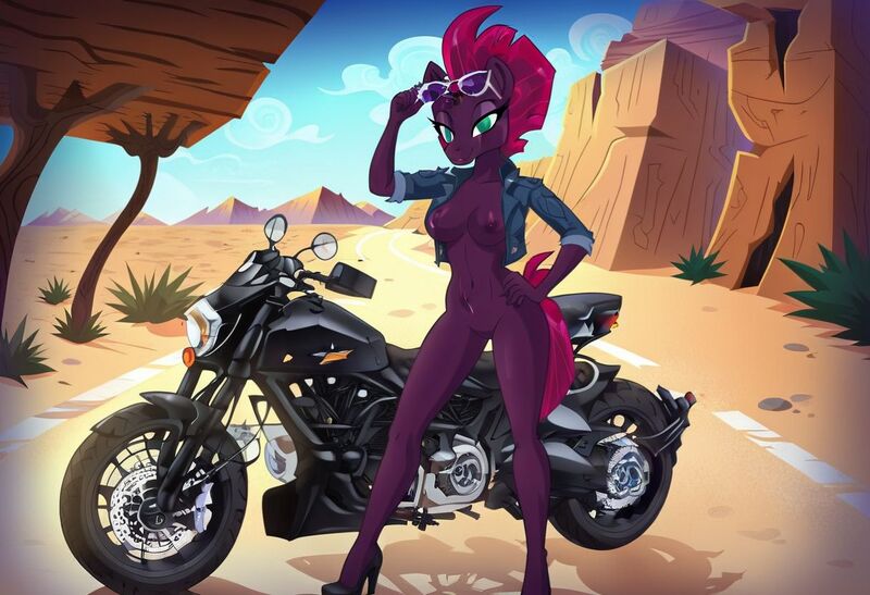 Size: 1216x832 | Tagged: questionable, ai content, machine learning generated, stable diffusion, tempest shadow, anthro, unicorn, biker, black high heels, busty tempest shadow, cliffs, desert, exhibitionism, flirty, hand on hip, highway, image, inviting, jpeg, motorcycle, nudity, pinup, seductive pose, sexy, sleeveless jacket, smiling, solo, standing, sunbathing, sunglasses on head, wooden sign