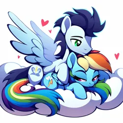 Size: 4096x4096 | Tagged: safe, ai content, derpibooru import, machine learning generated, prompter:*rainbow dash*, stable diffusion, rainbow dash, soarin', pony, cloud, female, folded wings, g4, generator:purplesmart.ai, image, lying down, lying on a cloud, male, on a cloud, png, pony on pony action, shipping, simple background, soarindash, spread wings, straight, white background, wings