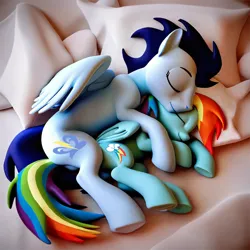 Size: 4096x4096 | Tagged: safe, ai content, derpibooru import, machine learning generated, prompter:*rainbow dash*, stable diffusion, rainbow dash, soarin', 3d, bed, cuddling, female, folded wings, g4, generator:purplesmart.ai, image, laying on bed, lying down, male, on bed, png, shipping, side, sleeping, soarindash, spooning, straight, wings