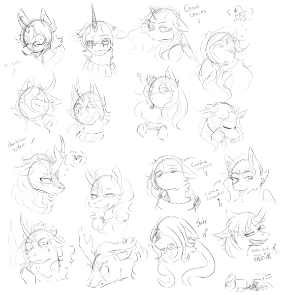 Size: 2800x2900 | Tagged: safe, artist:squeezymouse, derpibooru import, oc, oc:cardia, oc:dandelion drifter, oc:good graces, oc:sete, oc:tri color, unofficial characters only, alicorn, kirin, nirik, original species, pegasus, pony, unicorn, alicorn oc, ambiguous gender, blushing, bust, chained, chains, cigarette, clothes, derpibooru exclusive, female, horn, image, kirin oc, male, mare, monochrome, pegasus oc, png, ponysona, simple background, sketch, sketch dump, smoking, stallion, sweater, thought bubble, tongue out, unicorn oc, white background, wings