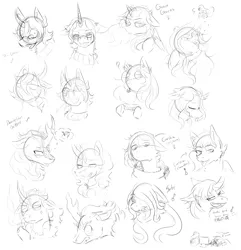 Size: 2800x2900 | Tagged: safe, artist:squeezymouse, derpibooru import, oc, oc:cardia, oc:dandelion drifter, oc:good graces, oc:sete, oc:tri color, unofficial characters only, alicorn, kirin, nirik, original species, pegasus, pony, unicorn, alicorn oc, ambiguous gender, blushing, bust, chained, chains, cigarette, clothes, derpibooru exclusive, female, horn, image, kirin oc, male, mare, monochrome, pegasus oc, png, ponysona, simple background, sketch, sketch dump, smoking, stallion, sweater, thought bubble, tongue out, unicorn oc, white background, wings