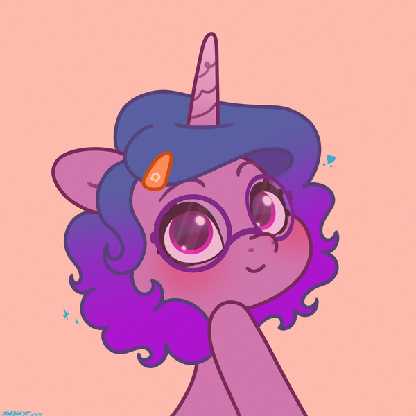 Size: 2480x2480 | Tagged: safe, artist:starburstuwu, derpibooru import, izzy moonbow, pony, unicorn, g5, alternate hairstyle, blushing, cute, female, glasses, hairclip, high res, horn, image, izzybetes, jpeg, looking at you, mare, pink background, round glasses, short mane, simple background, smiling, smiling at you, solo