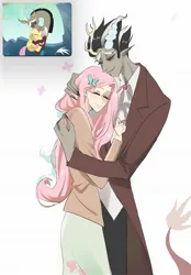 Size: 1423x2048 | Tagged: safe, artist:miruki_tii, derpibooru import, screencap, discord, fluttershy, draconequus, human, pegasus, pony, to where and back again, duo, elf ears, female, g4, holding a pony, horn, horned humanization, hug, humanized, image, jpeg, male, redraw, scene interpretation, screencap reference, shipping fuel, simple background, snaggletooth, tail, tailed humanization, white background