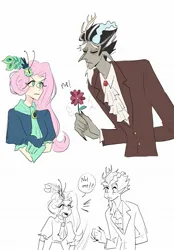 Size: 1423x2048 | Tagged: safe, artist:miruki_tii, derpibooru import, discord, fluttershy, human, make new friends but keep discord, angry, clothes, crossed arms, dress, duo, duo male and female, facial hair, female, flower, g4, gala dress, gloves, goatee, horn, horned humanization, humanized, image, jpeg, male, redraw, scene interpretation, simple background, snaggletooth, white background
