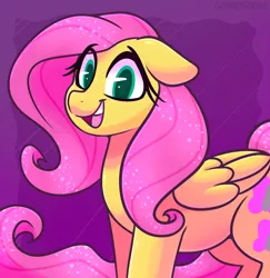 Size: 1464x1509 | Tagged: safe, artist:graphene, derpibooru import, fluttershy, pegasus, pony, cute, female, floppy ears, happy, image, long tail, looking at you, mare, open mouth, open smile, png, purple background, shyabetes, simple background, smiling, smiling at you, solo, tail