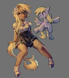 Size: 1642x1867 | Tagged: safe, artist:guarimbasmrd, derpibooru import, derpy hooves, human, pegasus, pony, clothes, derp, female, flying, g4, gray background, hairclip, humanized, image, jpeg, mare, self paradox, self ponidox, simple background, skirt, solo