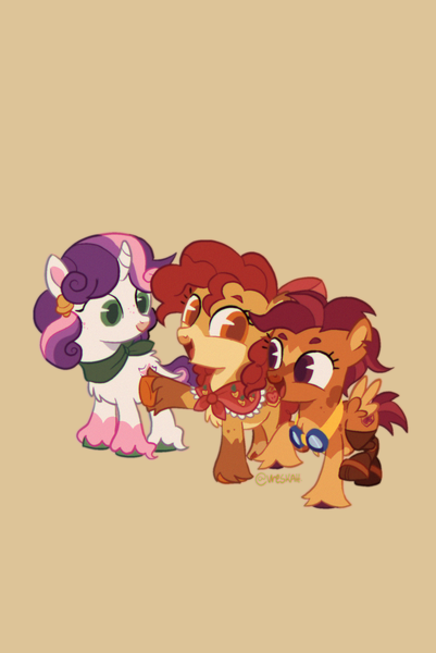 Size: 1369x2048 | Tagged: safe, artist:vreskah, derpibooru import, apple bloom, scootaloo, sweetie belle, earth pony, pegasus, pony, unicorn, amputee, ascot, beige background, bell, coat markings, cutie mark crusaders, ear piercing, earring, female, filly, foal, freckles, goggles, goggles around neck, horn, image, jewelry, leonine tail, pale belly, piercing, png, prosthetic leg, prosthetic limb, prosthetics, redesign, shawl, simple background, socks (coat marking), tail, unshorn fetlocks