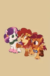 Size: 1369x2048 | Tagged: safe, artist:vreskah, derpibooru import, apple bloom, scootaloo, sweetie belle, earth pony, pegasus, pony, unicorn, amputee, ascot, beige background, bell, coat markings, cutie mark crusaders, ear piercing, earring, female, filly, foal, freckles, goggles, goggles around neck, horn, image, jewelry, leonine tail, pale belly, piercing, png, prosthetic leg, prosthetic limb, prosthetics, redesign, shawl, simple background, socks (coat marking), tail, unshorn fetlocks